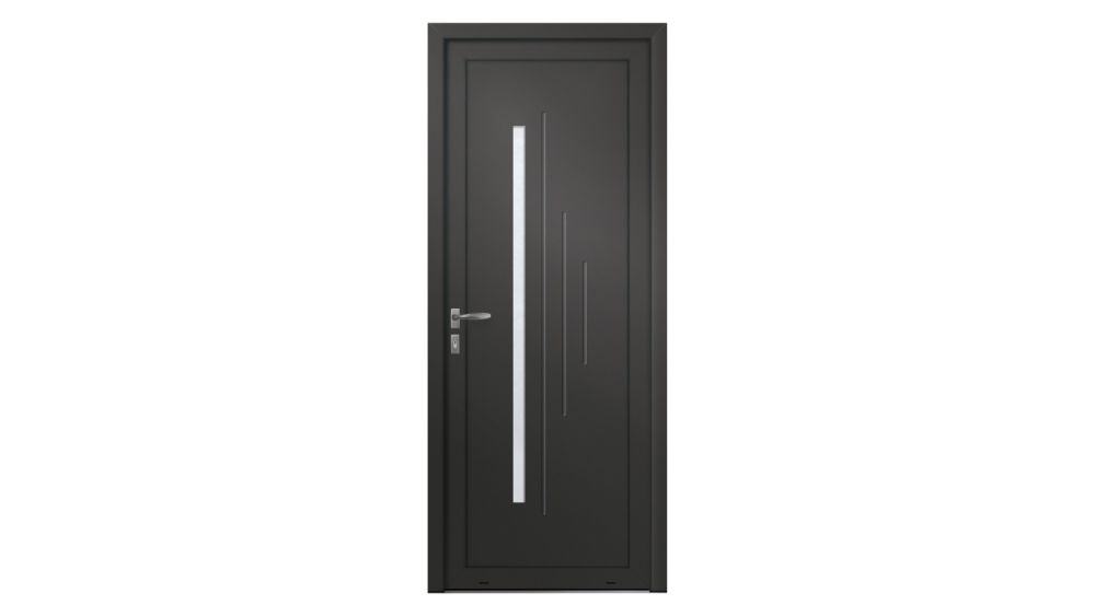 Porte d'entrée aluminium TIFFAUGES Porte d'entrée noire avec petite partie rectangulaire horizontale vitrée et décoration inox